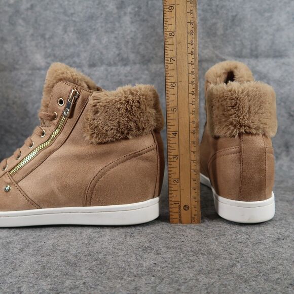 Guess Shoes Womens 9 Fashion Sneakers Hidden Wedge Lace Up Brown Faux Fur Casual - Picture 6 of 13